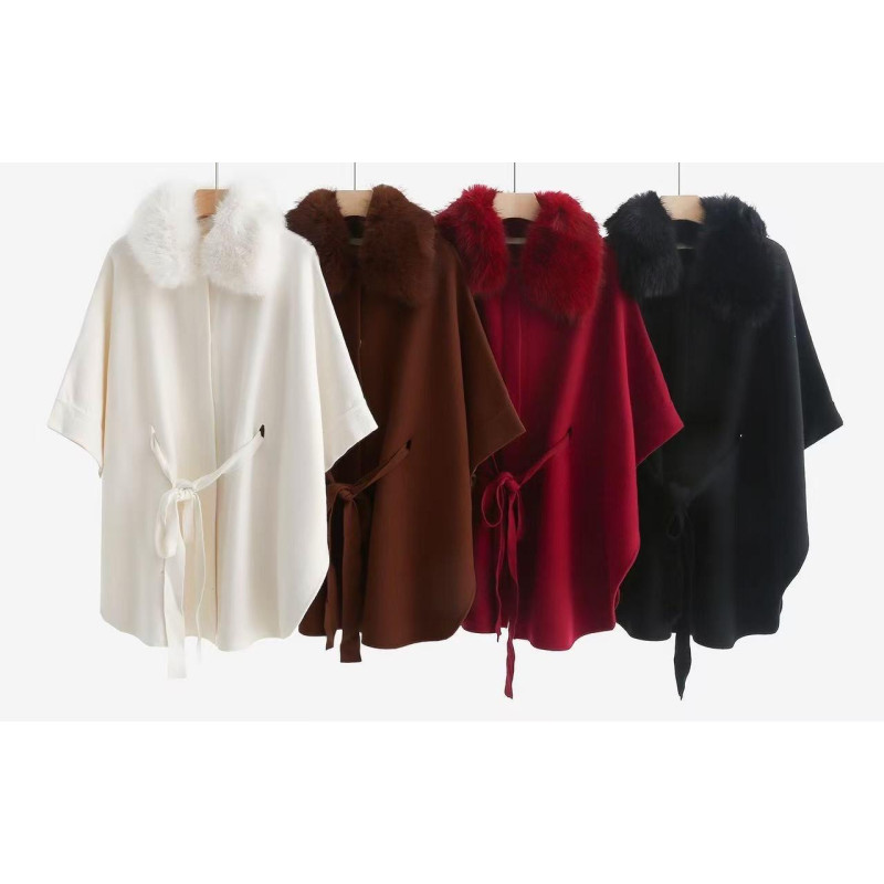 Lot de 2: Manteau Élégant avec Col en Fausse Fourrure et Nœud Ceinture