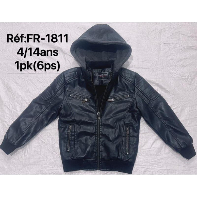 Lot de 6: Blouson Biker Simili Cuir Noir avec Capuche Molleton