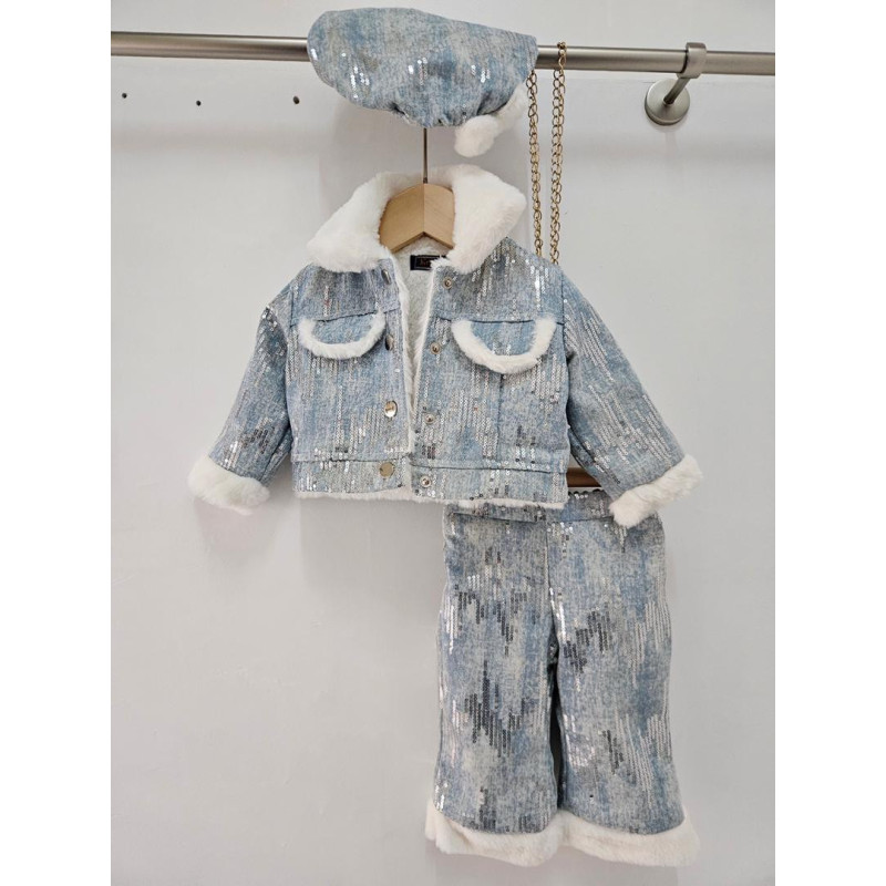 Set of 6: Sequins Jacket with Fur Collar + Matching Bag