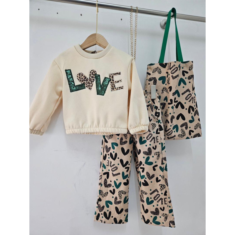 Partij van 6: 3-kamer Girl Set "Love" - Zweet, bedrukte broek en bijpassende tas