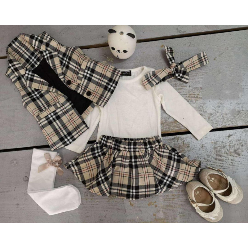 Lot of 6: Chic 3-room checkered baby set - Sweater, skirt & matching bag