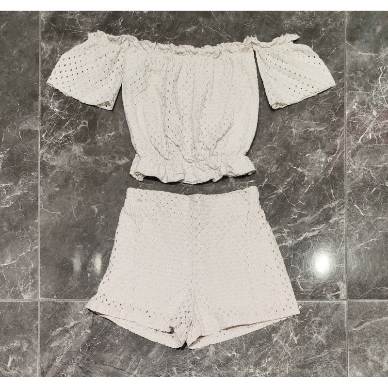 Lot de 6 : Ensemble Été 2 Pièces Broderie Anglaise - Top Crop Épaules Dénudées et Short