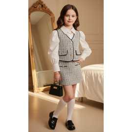 ensemble fille tweed gilet et jupe mode enfant chic 4 14 ans grossiste