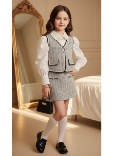 ensemble fille tweed gilet et jupe mode enfant chic 4 14 ans grossiste