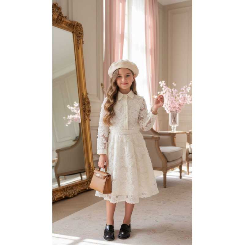 ensemble fille chemise jupe fleurs relief chic mode enfant grossiste