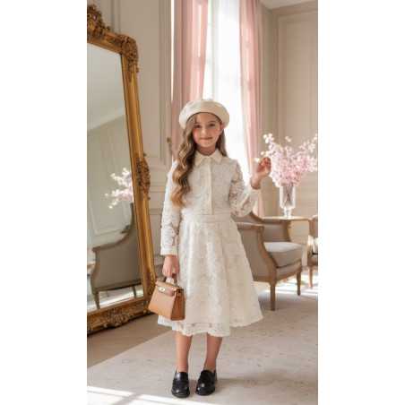 ensemble fille chemise jupe fleurs relief chic mode enfant grossiste