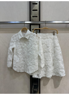 ensemble fille chemise jupe fleurs relief chic mode enfant grossiste