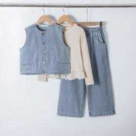 girls 3 piece denim vest wide leg pants set kids fashion wholesale