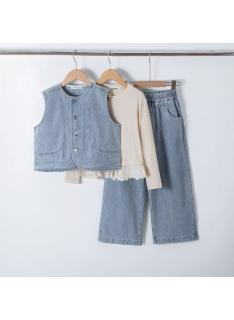 ensemble fille 3 pieces gilet denim pantalon large mode enfant grossiste