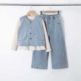 girls 3 piece denim vest wide leg pants set kids fashion wholesale