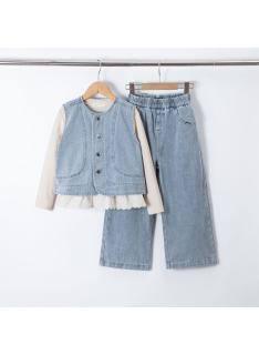 girls 3 piece denim vest wide leg pants set kids fashion wholesale