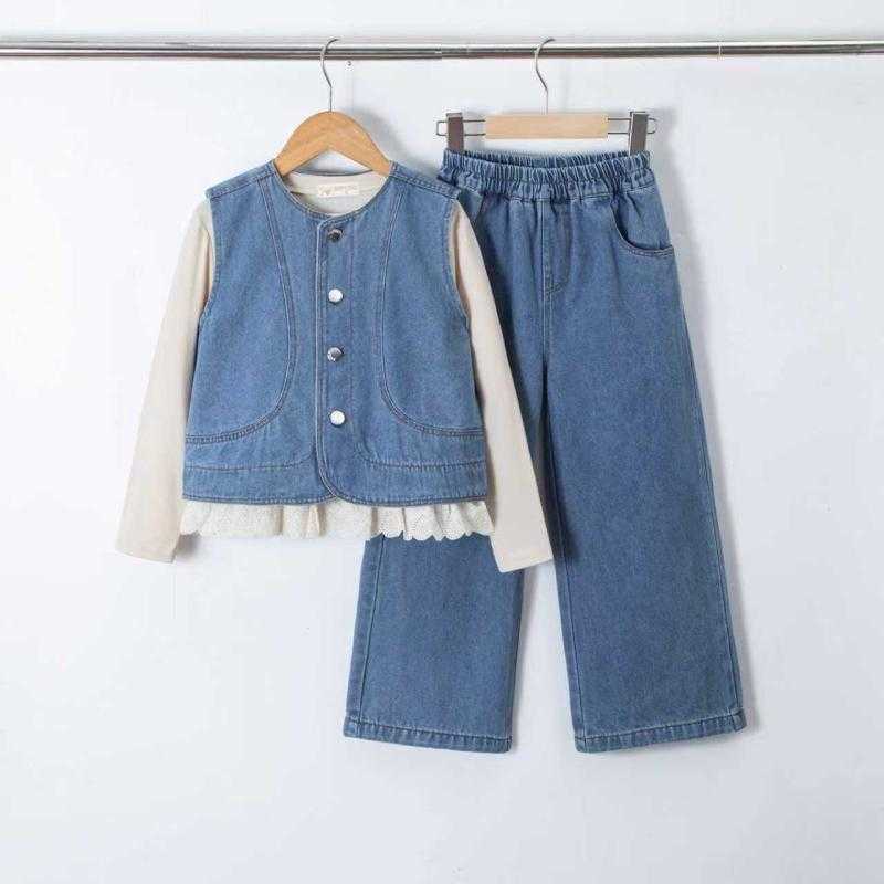 girls 3 piece denim vest wide leg pants set kids fashion wholesale