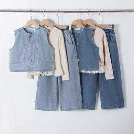 girls 3 piece denim vest wide leg pants set kids fashion wholesale