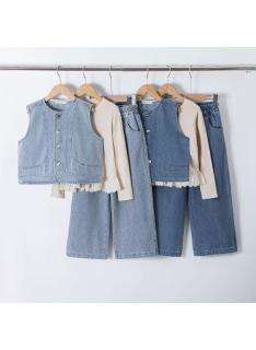 girls 3 piece denim vest wide leg pants set kids fashion wholesale