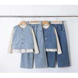 girls 3 piece denim vest wide leg pants set kids fashion wholesale