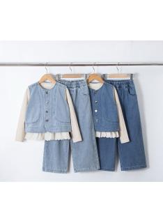 girls 3 piece denim vest wide leg pants set kids fashion wholesale
