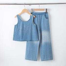 meisjes denim set strass wijde broek kinderkleding groothandel