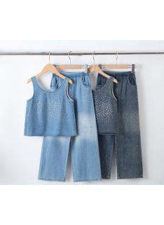 meisjes denim set strass wijde broek kinderkleding groothandel