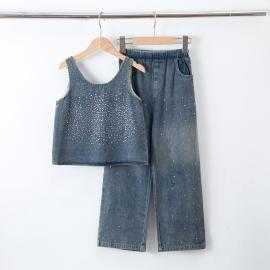 ensemble fille denim strass pantalon large mode enfant grossiste