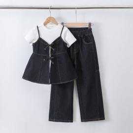 girls 3 piece denim top wide leg pants set kids fashion wholesale