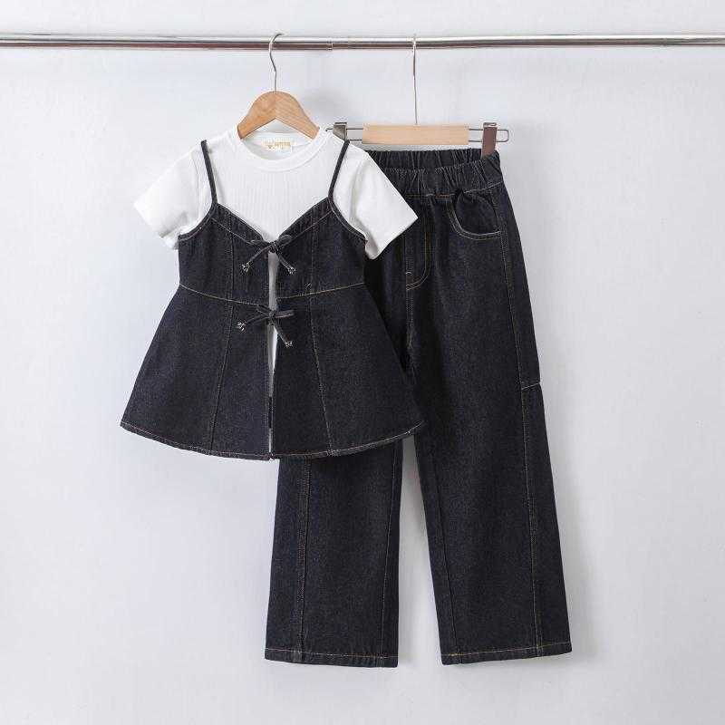 meisjes 3 delige set denim top wijde broek kinderkleding groothandel