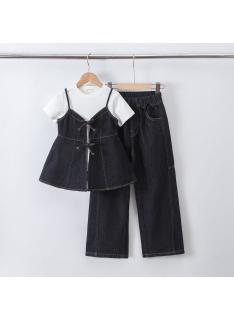 ensemble fille 3 pieces top denim pantalon large mode enfant grossiste