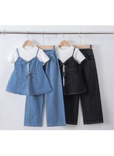 meisjes 3 delige set denim top wijde broek kinderkleding groothandel