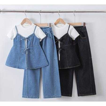 meisjes 3 delige set denim top wijde broek kinderkleding groothandel