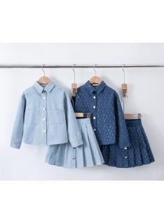 meisjes denim blouse strass geplooide rok kinderkleding groothandel