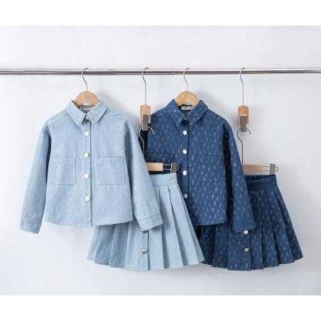 meisjes denim blouse strass geplooide rok kinderkleding groothandel