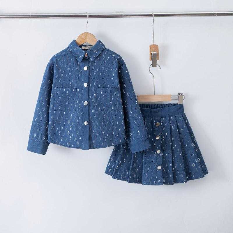 Set van 6 – Meisjes denim blouse en geplooide rok met strass – Kinderkleding