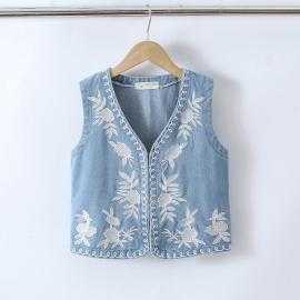 gilet fille sans manches denim broderies florales mode enfant grossiste