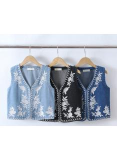 girls sleeveless denim vest floral embroidery kids fashion wholesale