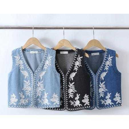 girls sleeveless denim vest floral embroidery kids fashion wholesale