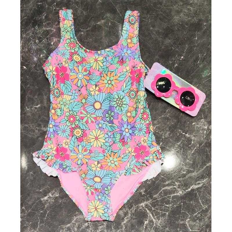 Set van 5 – Meisjes badpak met pastel bloemenprint en ruches – Kinderkleding