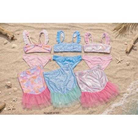 maillot bain fille 3 pieces sirene jupe tulle mode enfant grossiste