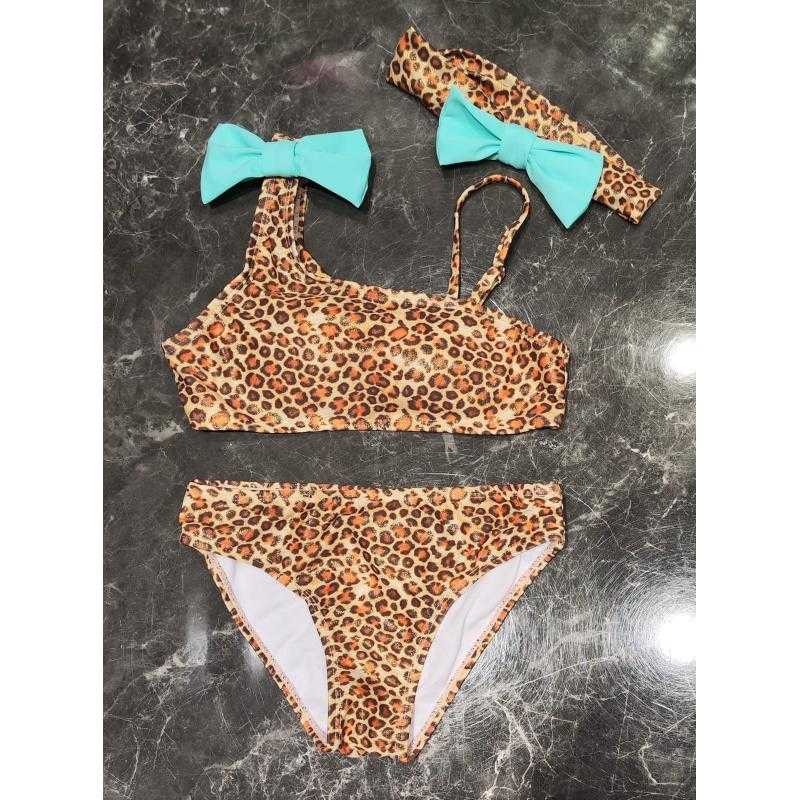 Set van 5 – Meisjes 2-delige luipaard bikini met strik en haarband – Kinderkleding