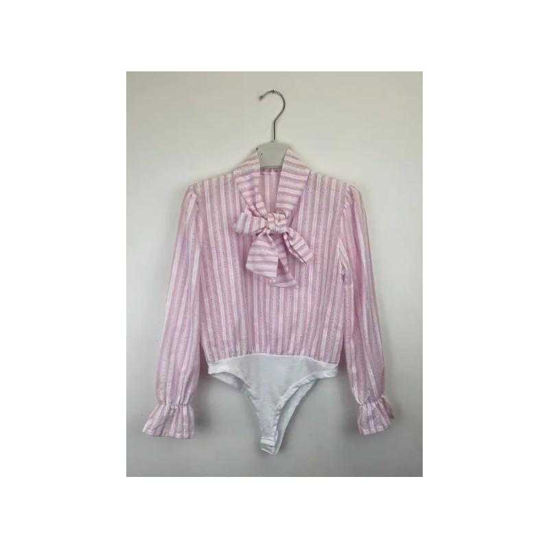 Lot de 6 – Body chemise fille à rayures avec nœud col lavallière – Mode enfant