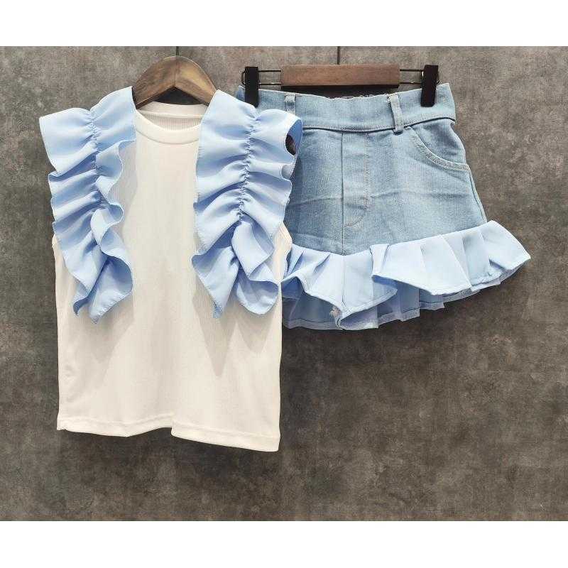 Lot de 6 – Ensemble fille t-shirt à volants et short en jean avec bas volanté – Mode enfant