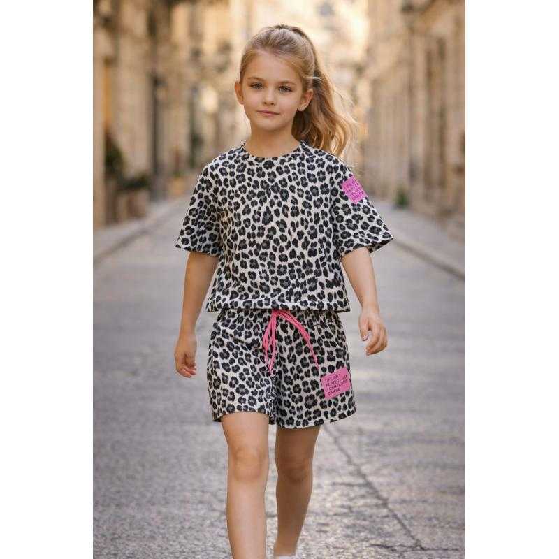 Lot de 6 – Ensemble fille t-shirt court imprimé léopard et short assorti – Mode enfant