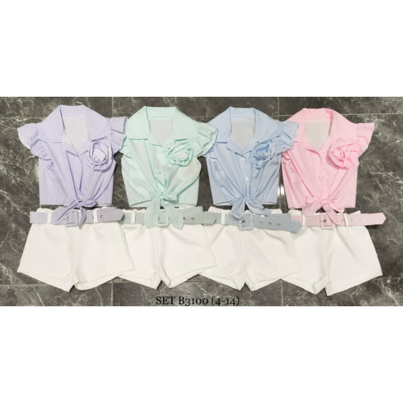 Set van 6 – Meisjes mouwloze blouse en short met riem – Kinderkleding