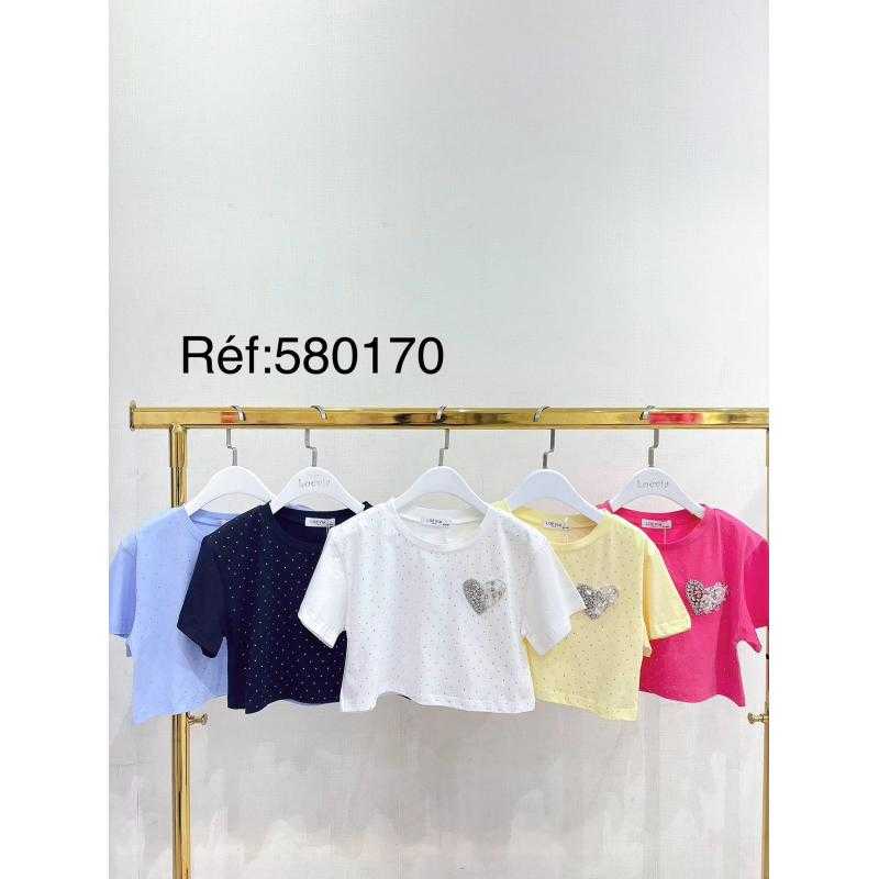 Lot de 6 – T-shirt fille court avec strass cœur – Mode enfant