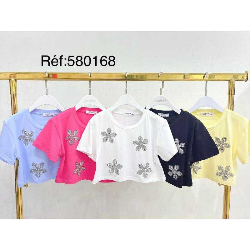 Lot de 6 – T-shirt fille court avec fleurs strass – Mode enfant
