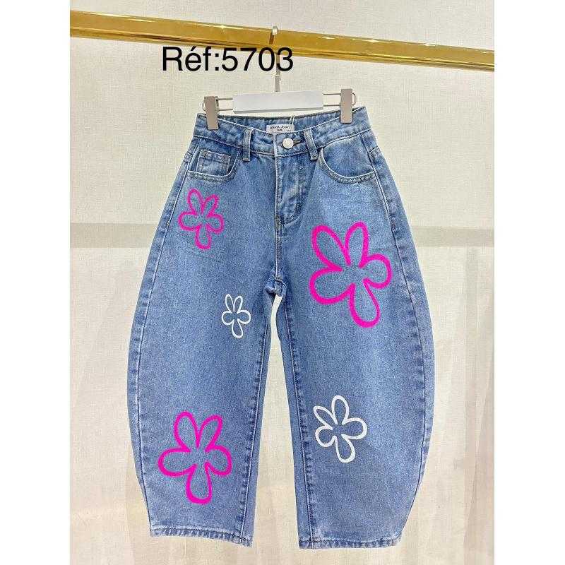 Lot de 6 – Jean fille large avec motifs fleurs colorées – Mode tendance