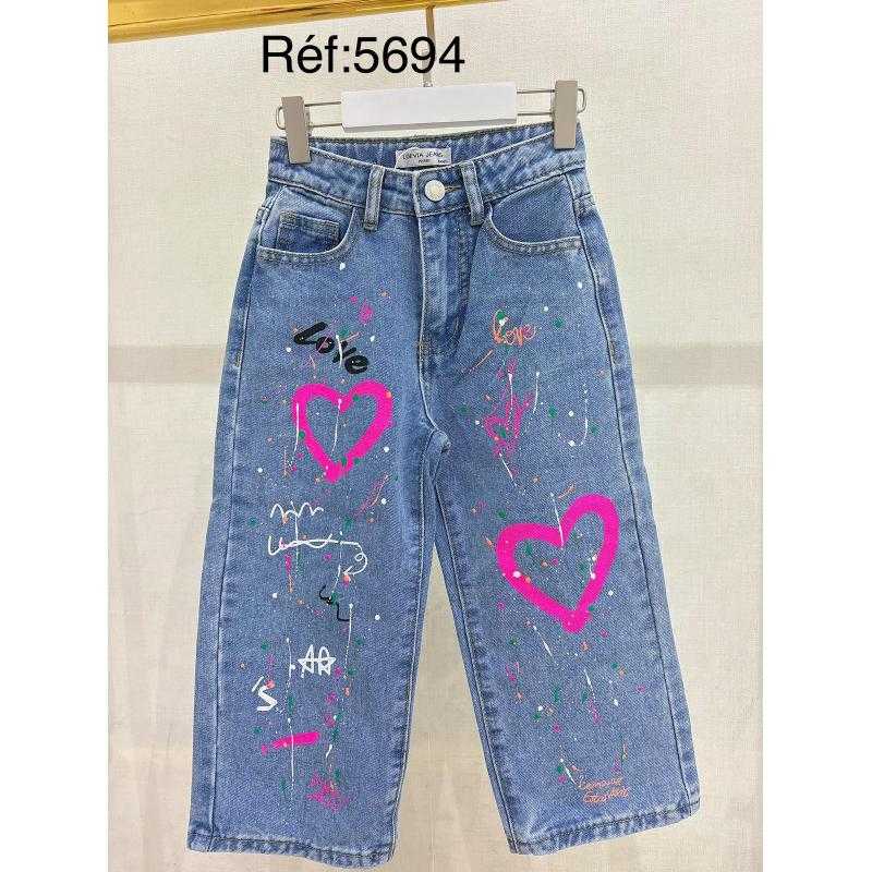 Lot de 6 – Jean fille coupe large avec imprimé graffiti cœur – Tendance enfant