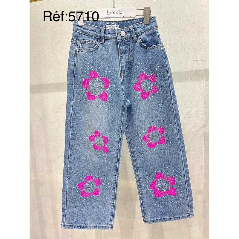 Set van 6 – Meisjes jeans met bloemen en strass – Trendy model