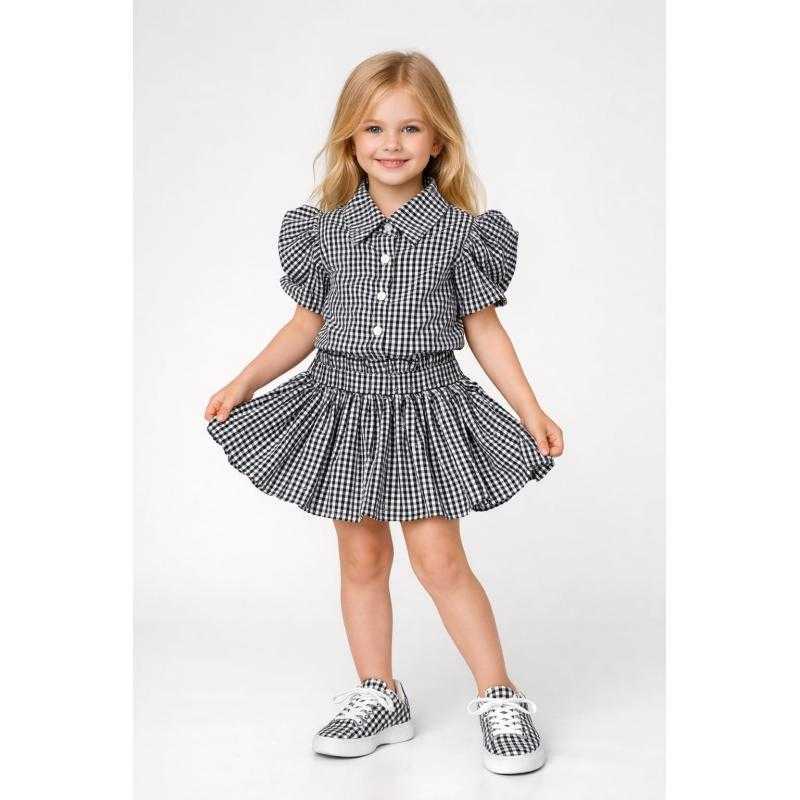 Set van 6 – Meisjes set zwart wit ruit top + rok – Tijdloos model
