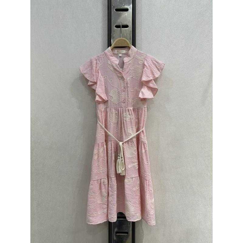 Lot de 6 – Robe fille brodée coquillages avec volants et ceinture corde – Mode enfant