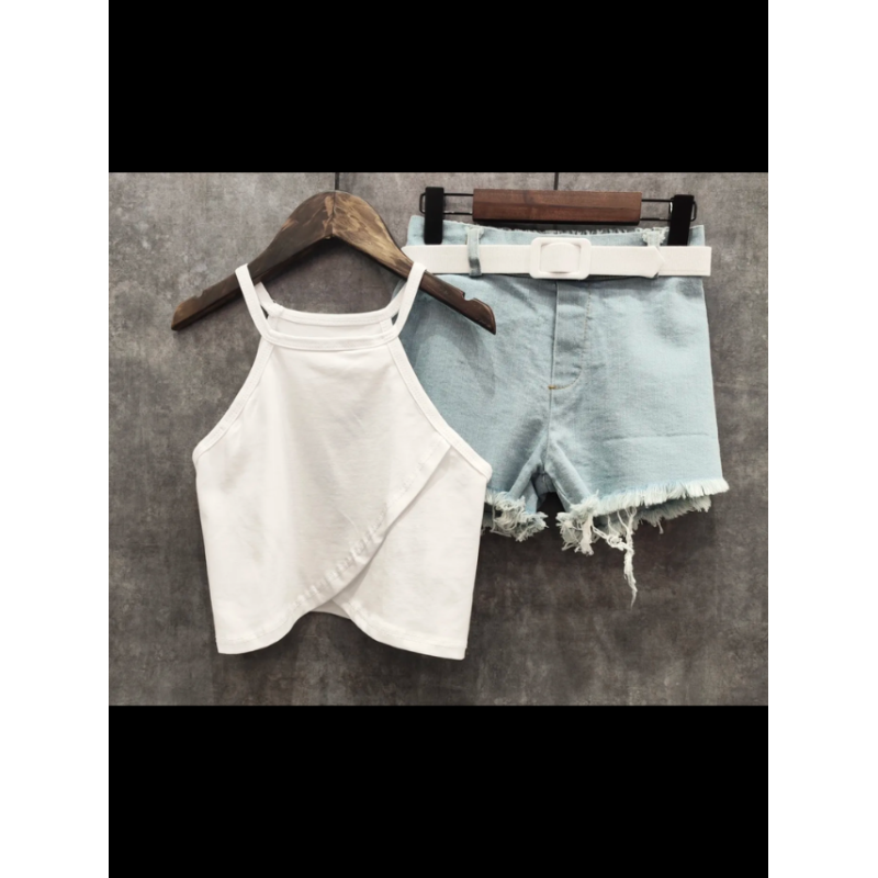 Set van 6 – Meisjes set gekleurde top en denim short met riem