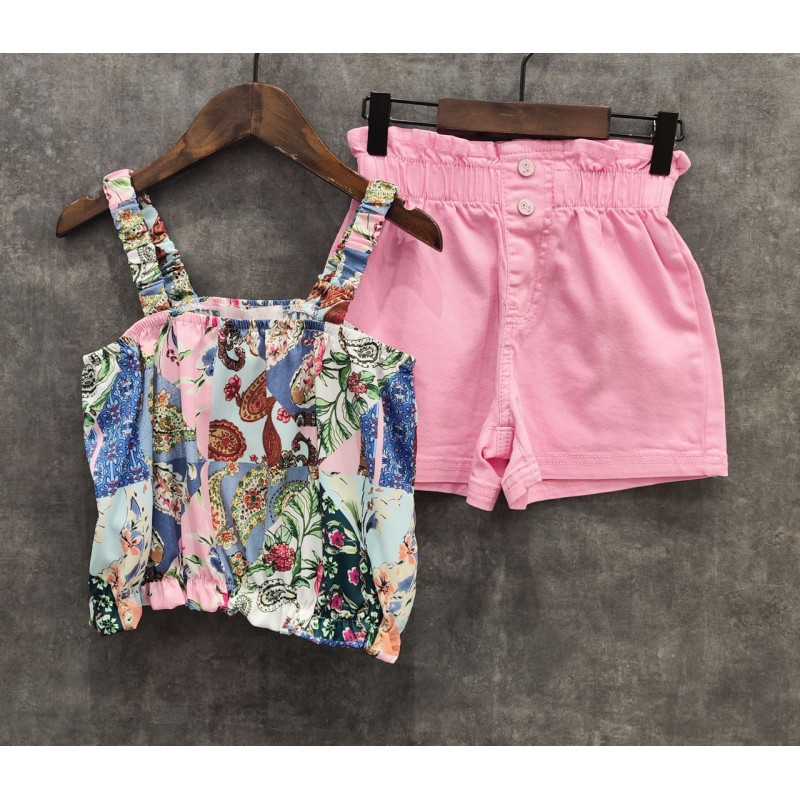Lot de 5 : Ensemble d'été 2 pièces Fille - Top Crop à Imprimé Cachemire et Short Taille Haute